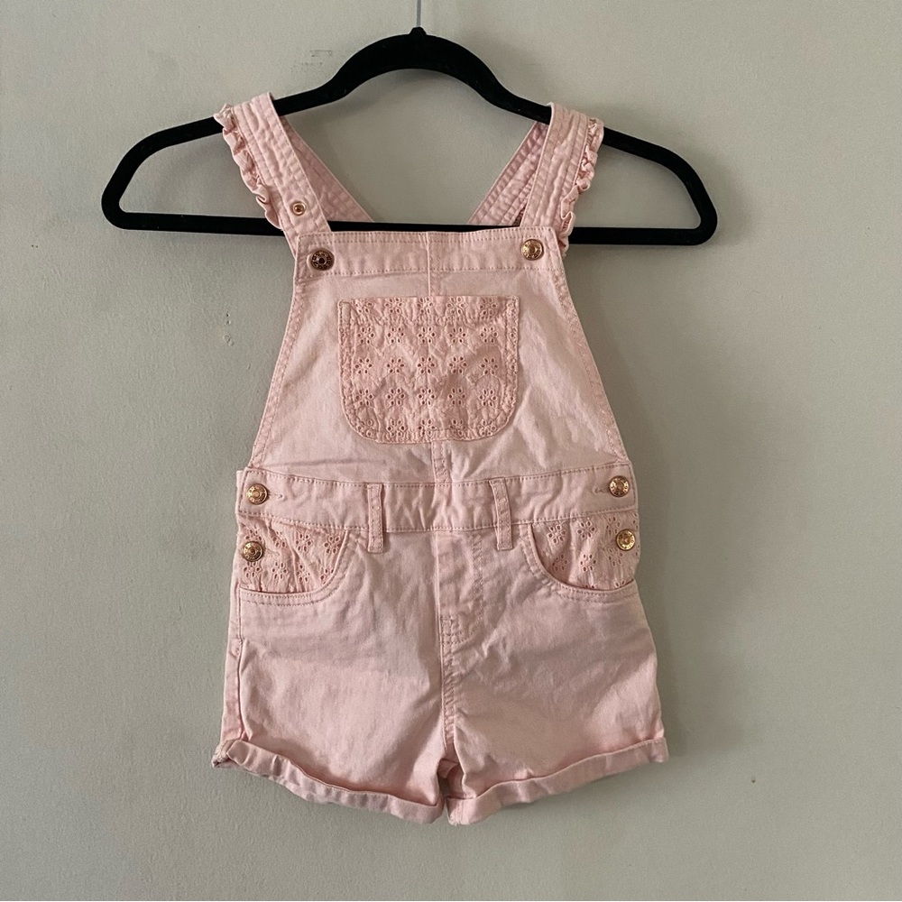 BCBG girls overalls pink with eyelette detail and ruffle